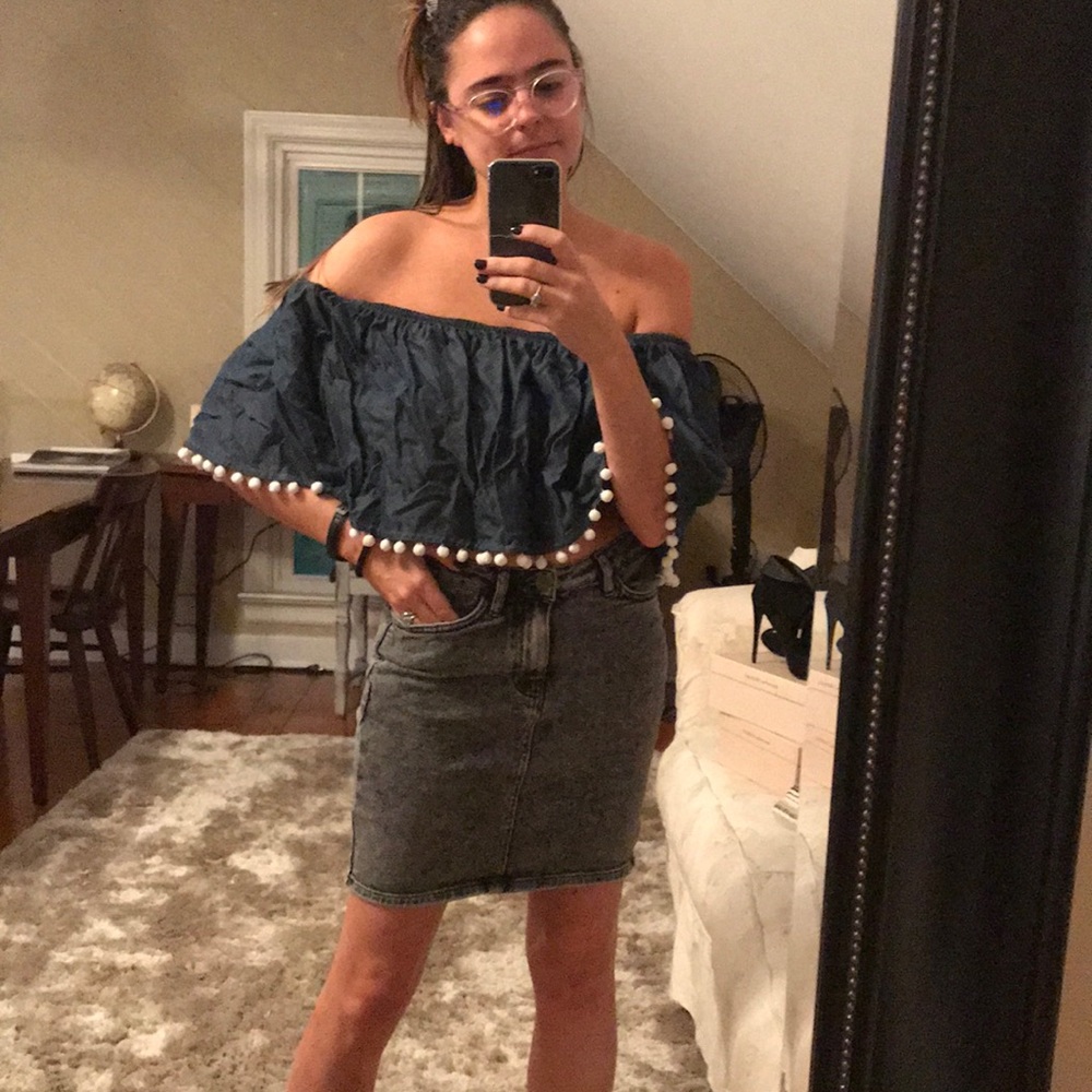 Crinkle Denim Crop Top with Pom Poms